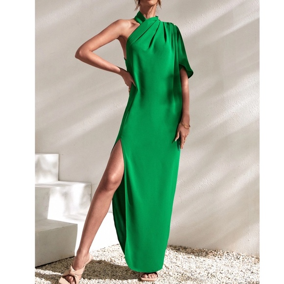 BellanBlue Dresses & Skirts - Green One Shoulder Ruched Sexy Party Evening Oversized Maxi Dress